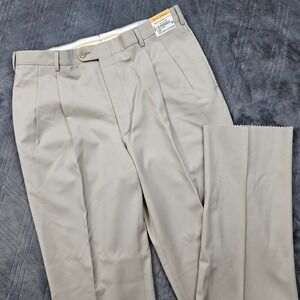 NEW Hickey Freeman Dress Pants Mens 34W Beige Pleated Wool Gabardine Unhemmed